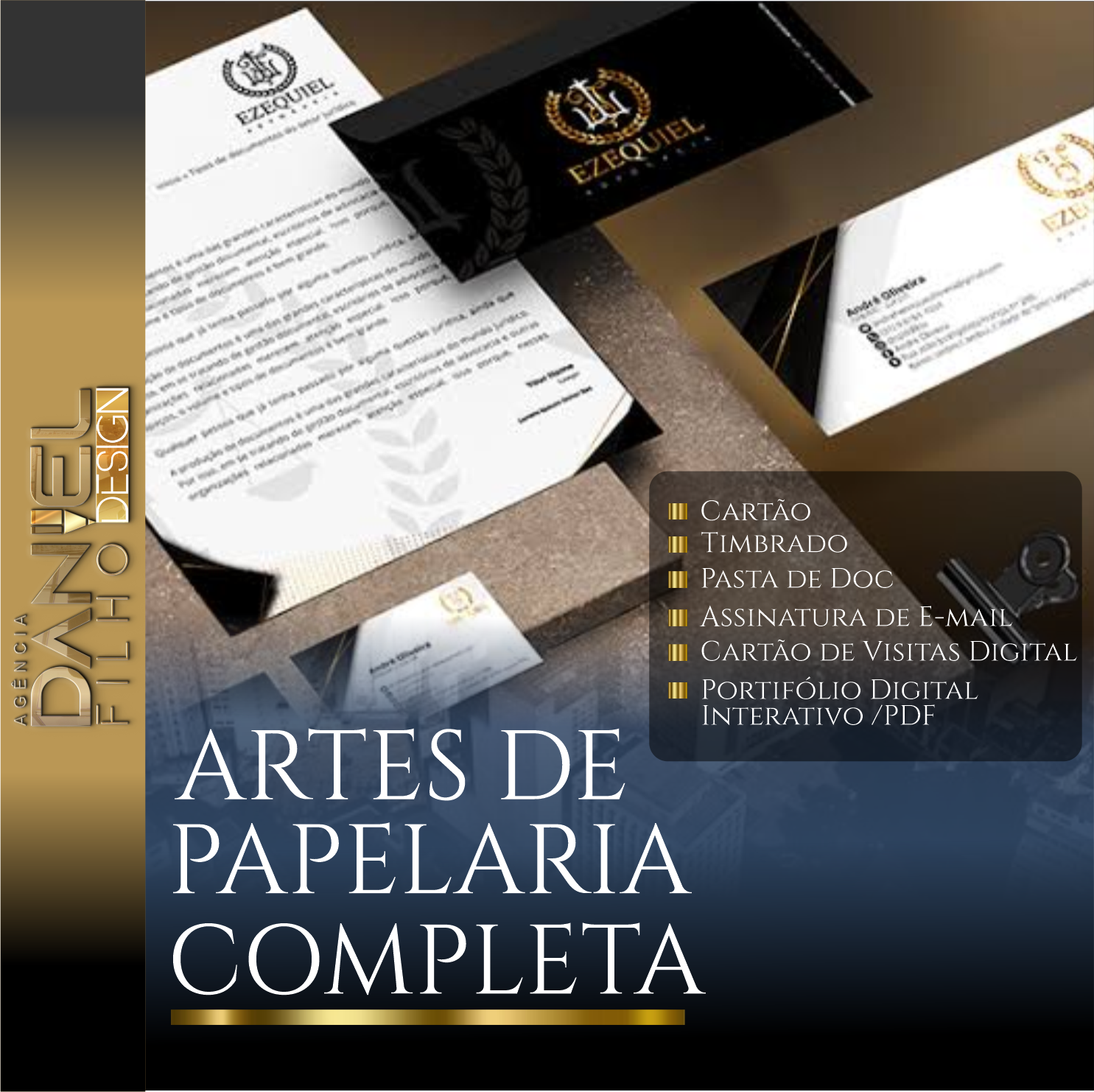 02 artes de papelari - timbrado- cartão - pasta de doc - juris loja - daniel filho design